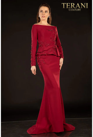 The Designer Precinct Couture wine-colored formal dress, front view.