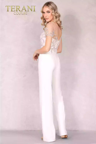 Ivory jumpsuit with embellished top from Terani Couture