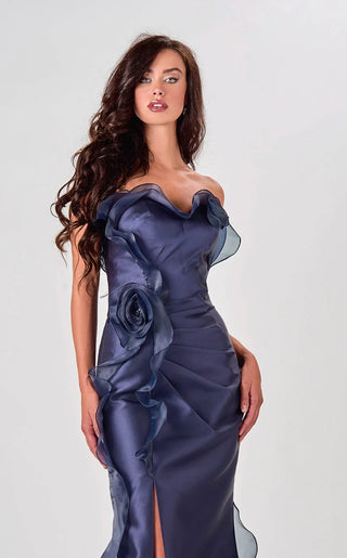 Navy blue strapless evening gown with floral detail, front view.