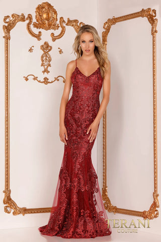 Red formal gown with floral detail