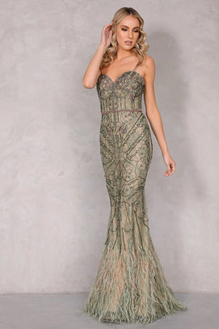 Formal gown 2221gl0415__d_f.2000 with intricate beading and feather trim.