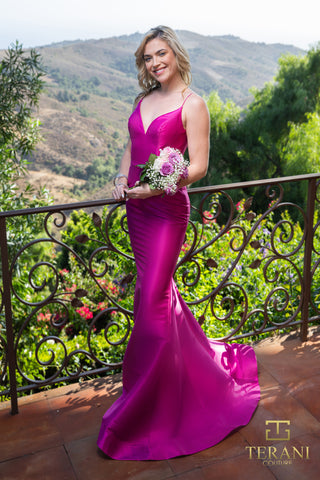 Fuchsia gown & bouquet, 241P2187, by Terani Couture