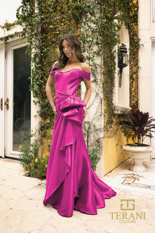 Fuchsia off-shoulder gown by Terani Couture