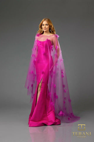 Hot pink gown with floral cape - 251P4397-1