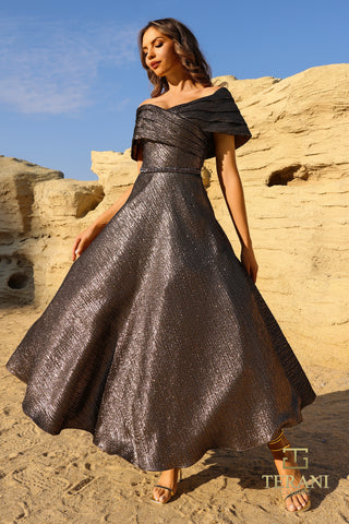Woman in sparkling gown outdoors