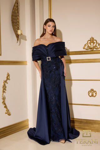 Navy off-shoulder gown with belt | 252E5124_1