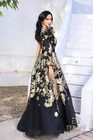 Woman in black and gold Terani gown, style 252E5140_40