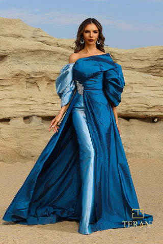 Teal off-the-shoulder gown with pants