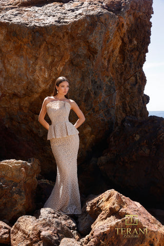Champagne colored formal dress, 252E5144, on model by rocks