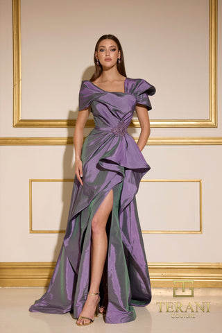 Purple formal gown with high slit