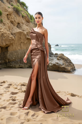 Espresso one-shoulder gown on beach