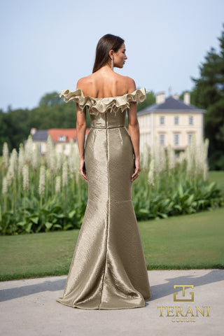 Champagne off-shoulder gown, 252E5156, by Terani