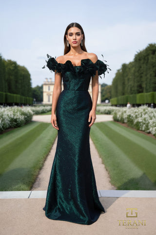 Forest green off-the-shoulder gown, front view.
