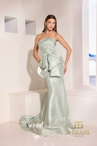 Sage green strapless gown with bow | 252E5164