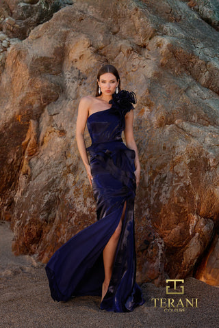 Woman in navy blue one-shoulder gown, edited