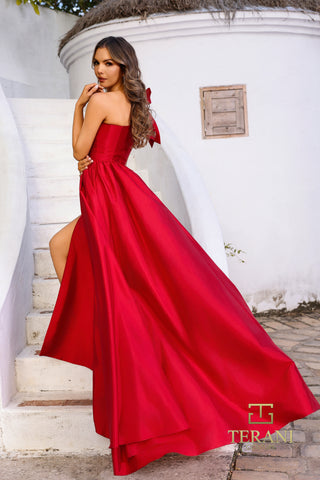 Red strapless gown, style 252E5531_45, with a high slit.