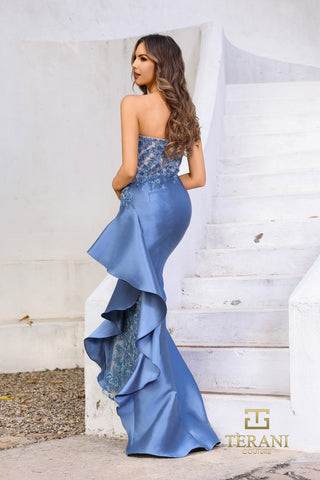 Terani 252E5534-28 blue formal dress with ruffled train
