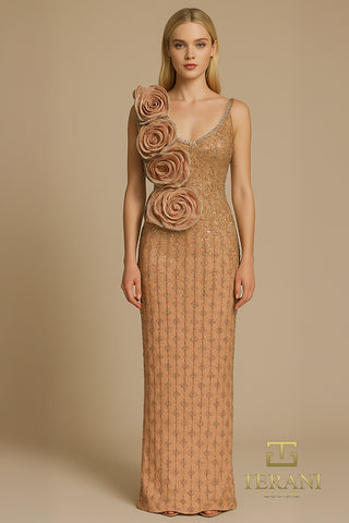 Champagne sequin gown with floral shoulder detail