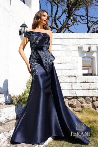 Navy blue formal gown with floral detail
