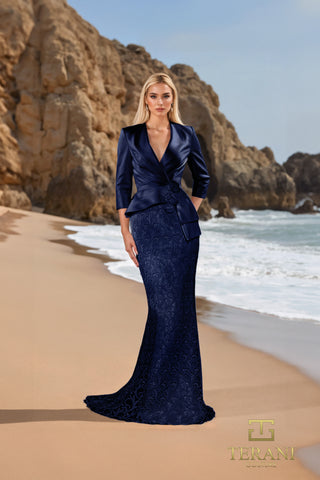 Navy blue formal dress 252M5310 on the beach