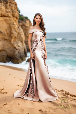 Taupe off-shoulder gown on beach, style 252M5317