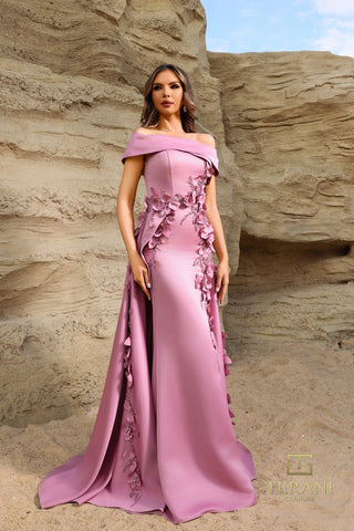 Rose-colored off-shoulder gown with floral detail