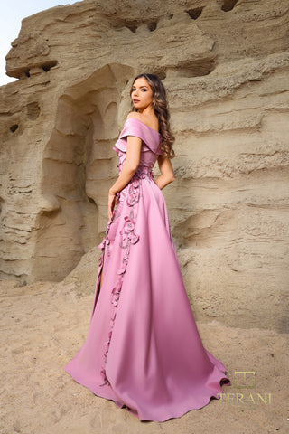 Rose-colored gown with floral detail, Terani 252M5317roseb