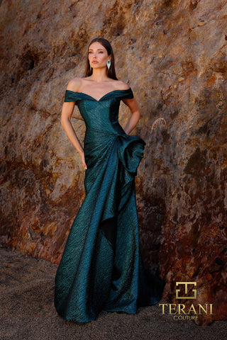 Hunter green off-shoulder gown by Terani Couture