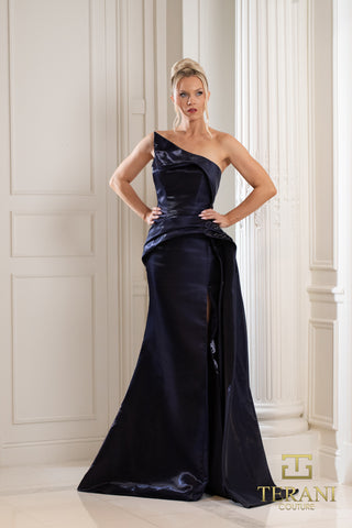 Indigo one-shoulder gown