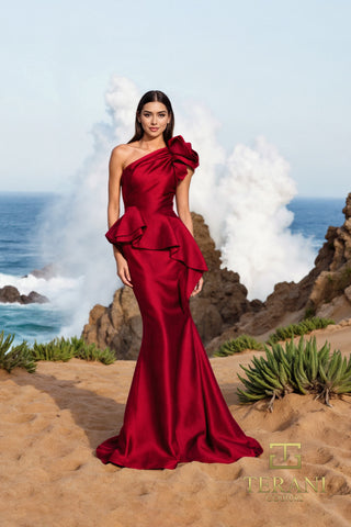 Red one-shoulder gown