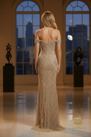 Off-shoulder gold gown 252gl5208b