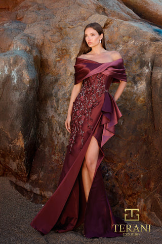 Mauve wine evening gown with embellished bodice