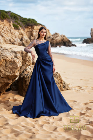 Navy blue gown on beach