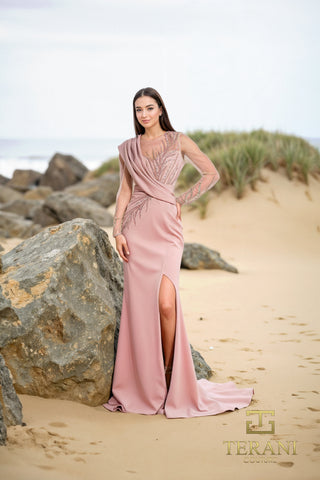Dusty rose gown with thigh slit, by Tekani