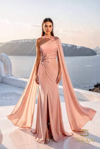 Salmon colored one-shoulder formal dress with cape