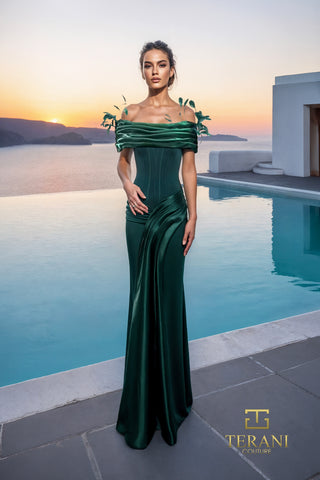 Green evening gown with feather accents