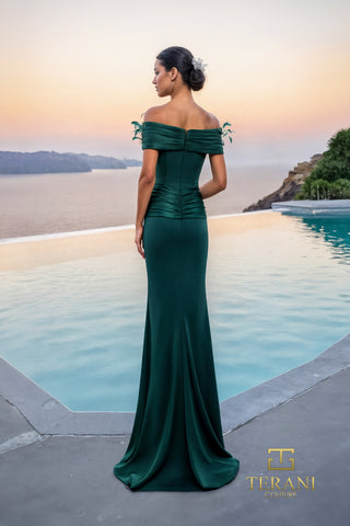 Green off-the-shoulder gown by Terani, style 261E6235