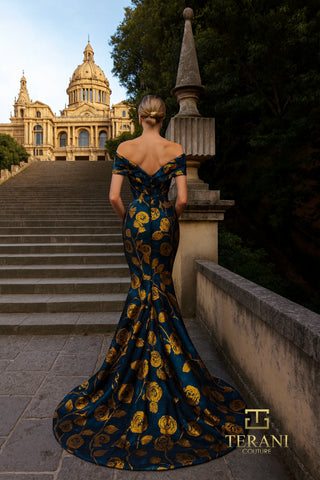Elegant gown with gold floral design, 261E6273B.