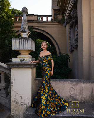 Terani Couture gown 261E6273_1, floral print on stairs