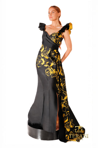 Terani gown 261E6277, black with gold floral print.