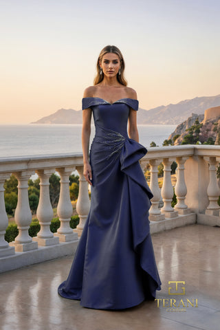 Navy off-shoulder evening gown by Terani