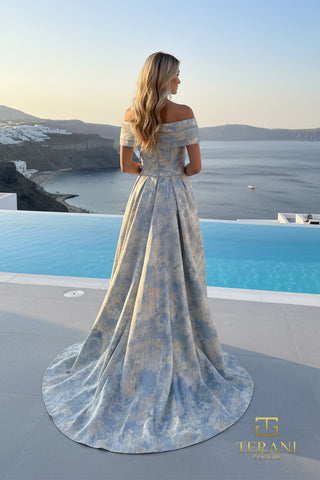 261M6444BLUESTONEB off-shoulder gown by the pool
