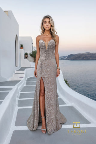 Silver lace gown with high slit