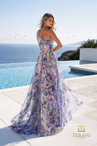 Blue and purple floral one-shoulder gown by Terani