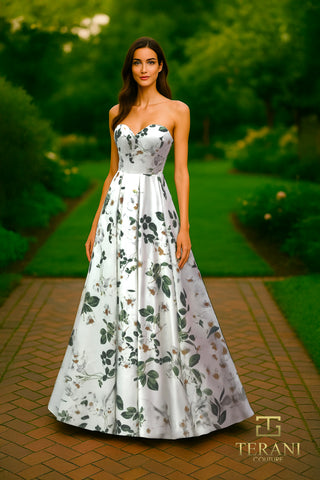 Strapless floral gown, front view