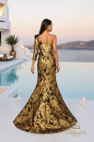 Gold one-shoulder evening gown