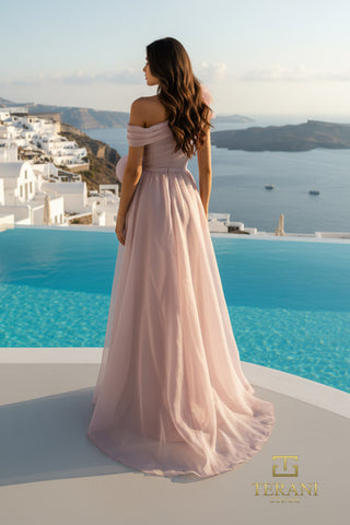 Santorini woman in pink formal gown