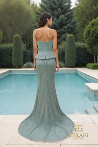 Sage green Verani gown by pool