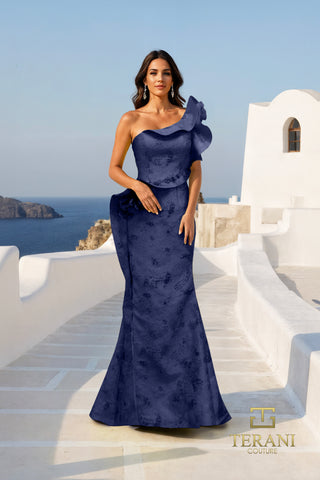 Navy one-shoulder evening gown