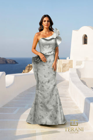 Silver one-shoulder evening gown